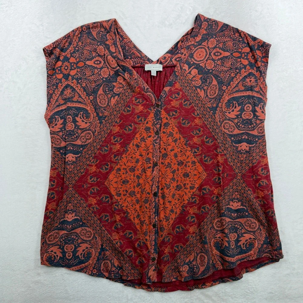 Lucky Brand Plus 1X Boho Top Button Front Cap Sleeve Paisley Medallion Peasant - Picture 2 of 12